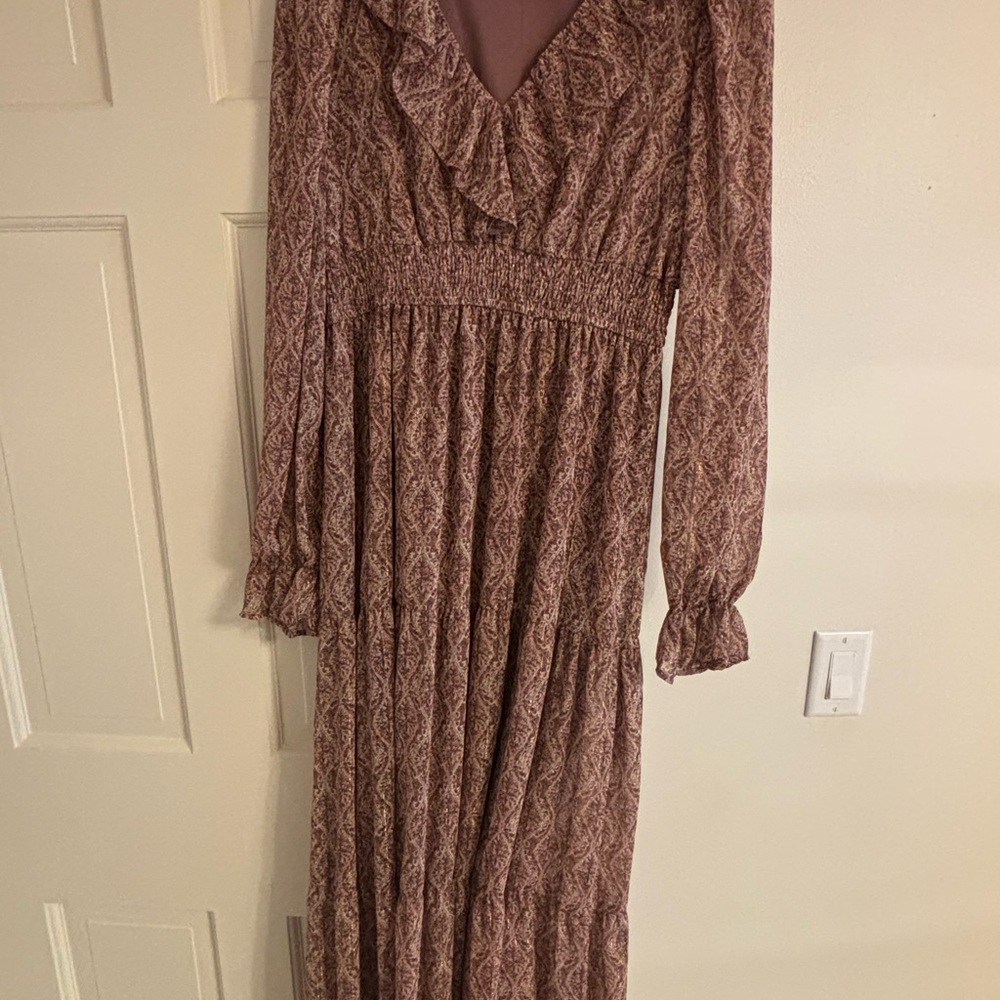 Moon River Long Sleeve Ruffle V-Neck Maxi Dress